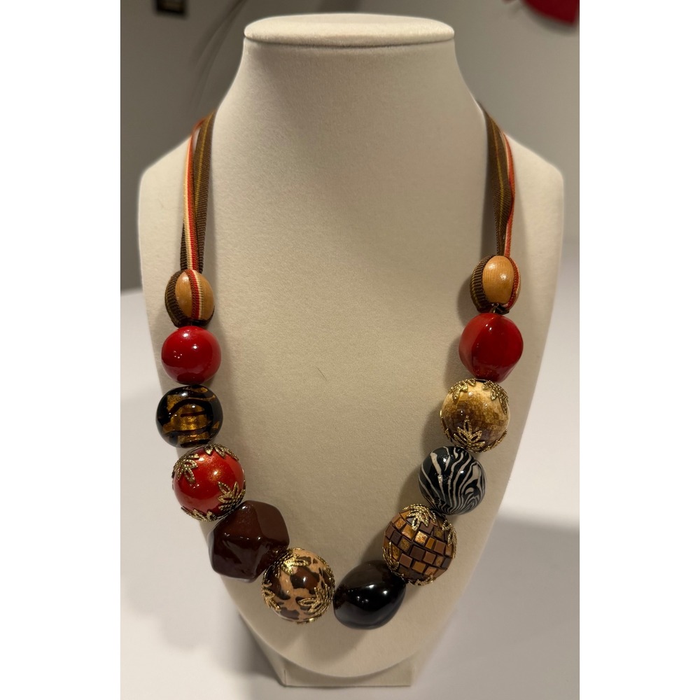 Chunky Animal Print Bead Ribbon Tie Necklace Red Brown Gold Tone Statement